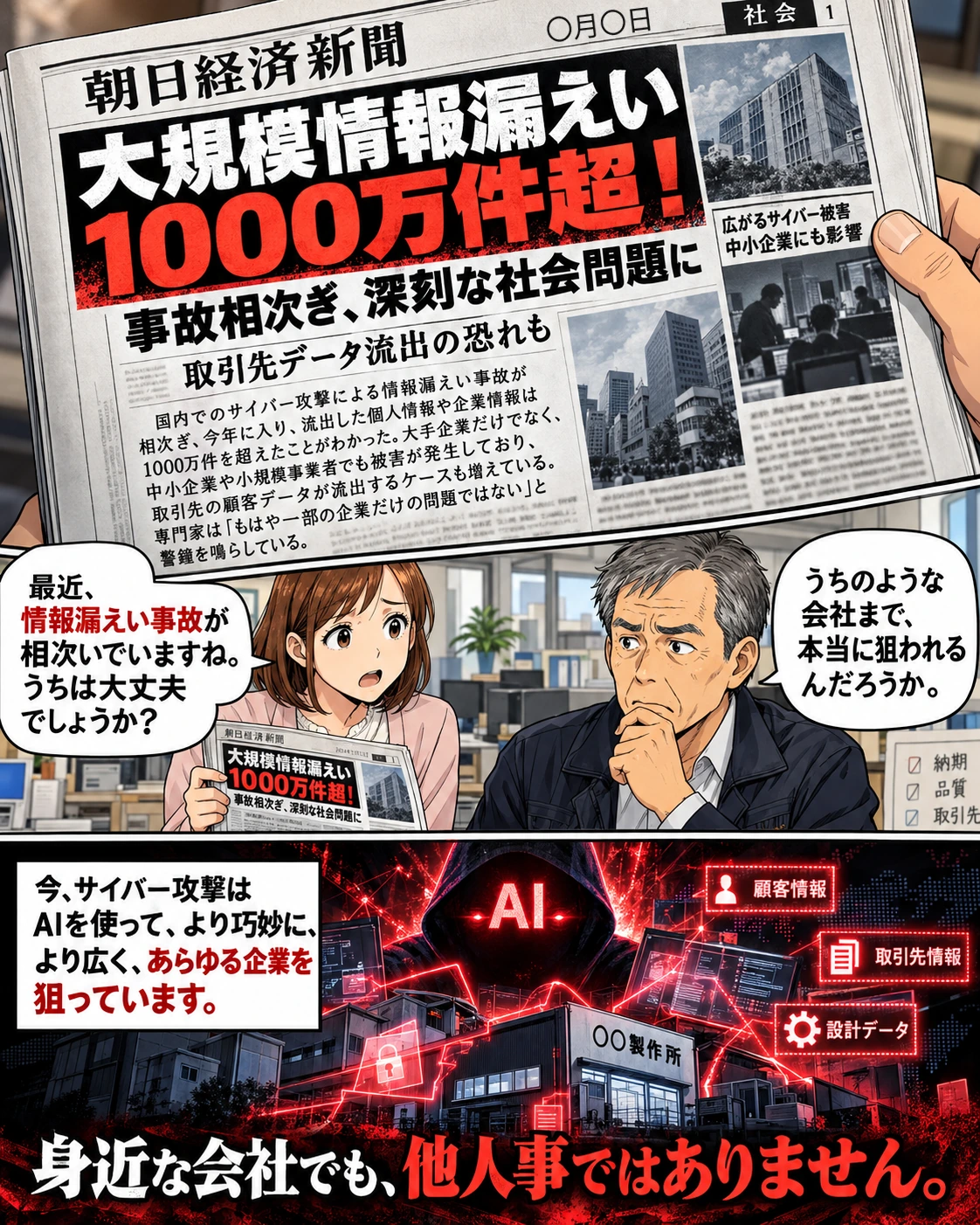 新聞記事を手にする事務員と、不安げに考え込む製作所の社長。大規模な情報漏えいへの注意を呼びかける導入。