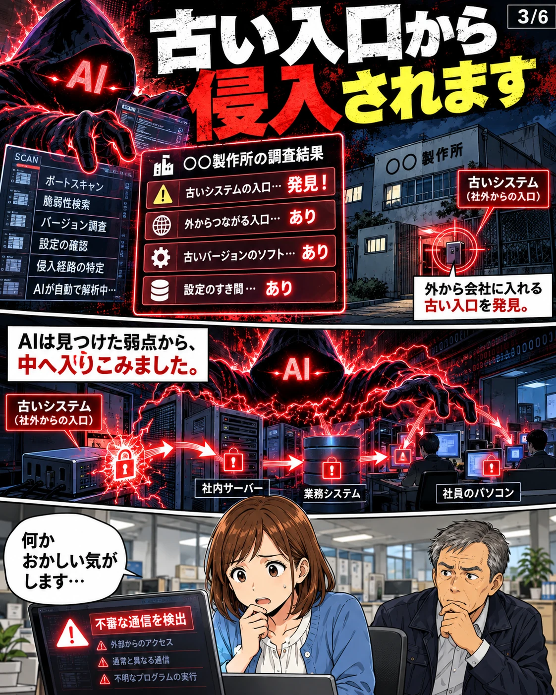 古い外部接続の弱点を見つけ、社内のサーバーやパソコンへ侵入する攻撃のイメージ。