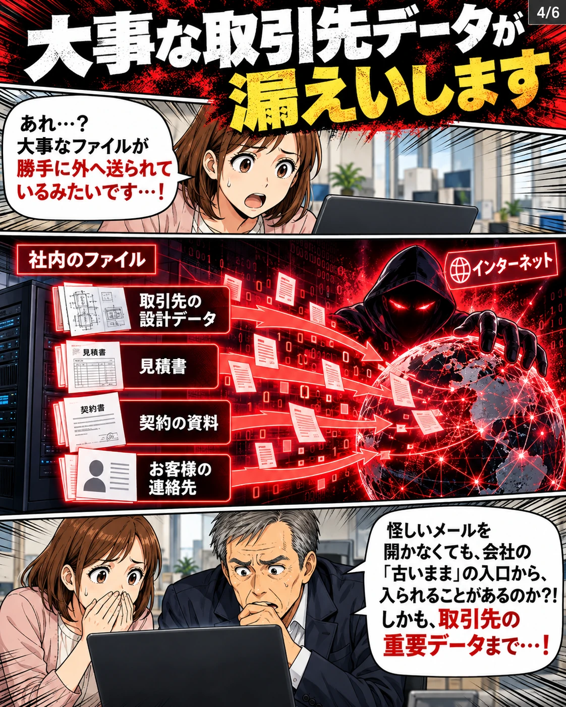 取引先の設計データや契約書などが外部へ流出し、社長と事務員が驚いている。