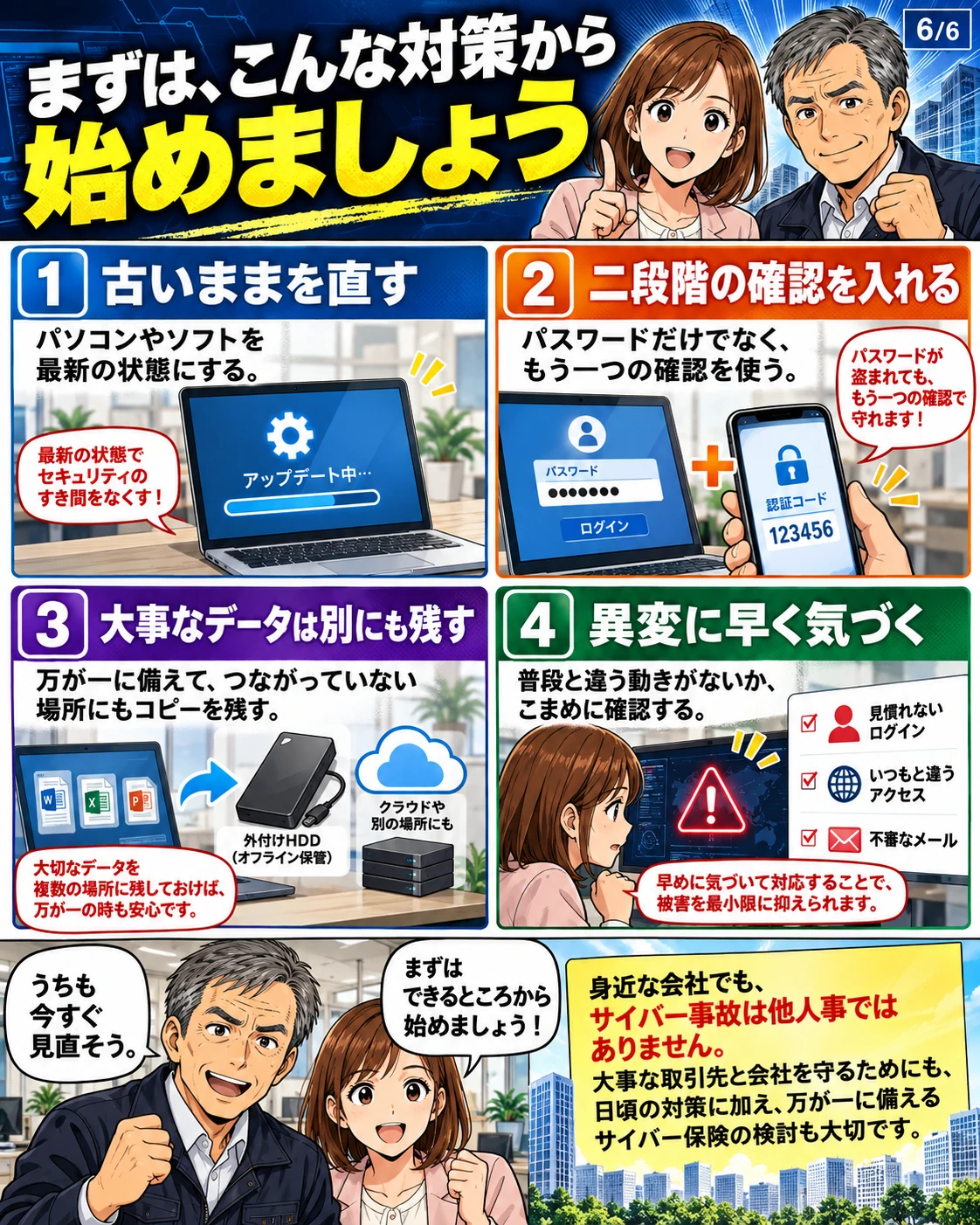 更新、多要素認証、バックアップ、異常検知などの対策と、サイバー保険の検討を呼びかける。